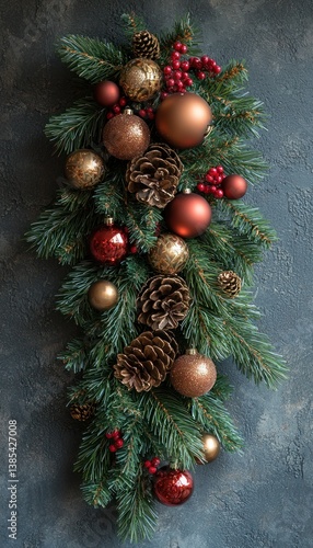 Elegant Christmas Decoration: A Festive Garland of Pine, Ornaments, and Pinecones