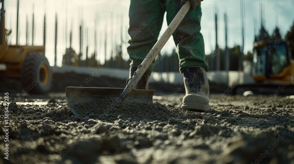 A construction worker leveling the ground at a construction site. Featuring attention to detail and precision A construction worker leveling the ground at a construction site. Featuring attention to detail and precision