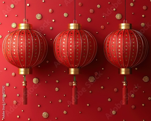 Three Red Chinese Lanterns Hanging Against a Red Background with Gold Dots