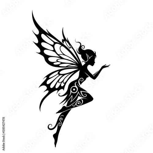 Fairy silhouette with wings in dynamic pose  