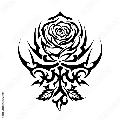 Black tribal rose tattoo design with intricate details  