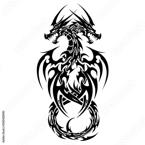 Tribal dragon tattoo design in black and white style  