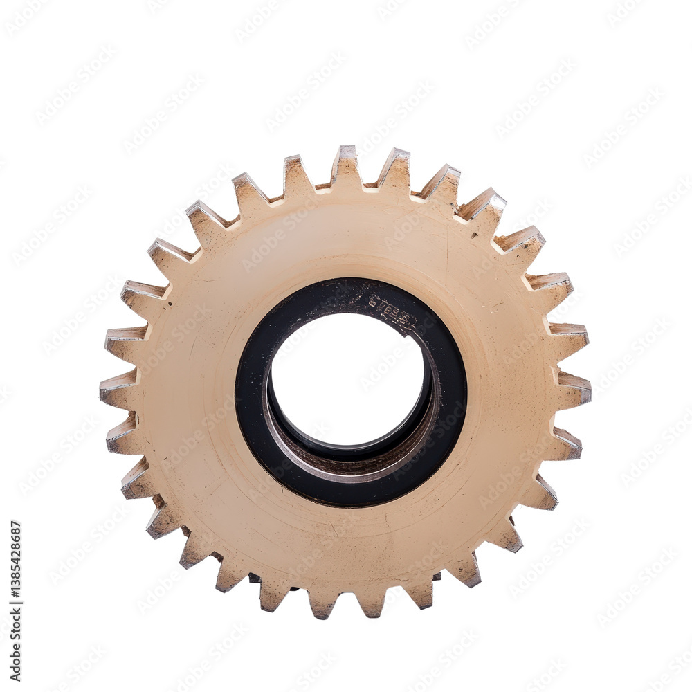 Close-Up View of a Beige Industrial Gear Isolated on White Background for Mechanical Use Close-Up View of a Beige Industrial Gear Isolated on White Background for Mechanical Use