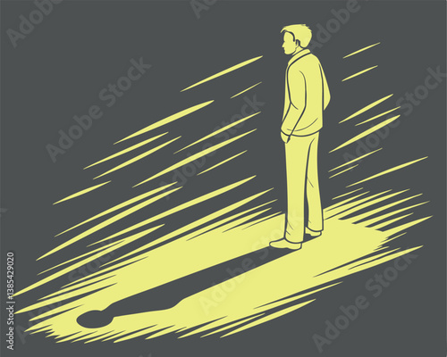 Lonely Figure Standing Alone with Long Shadow in the Dark.
