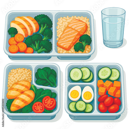 Modern realistic vector illustration of meal prep containers with healthy, balanced portions of food, such as grilled chicken, broccoli, quinoa, boiled eggs and salmon. Isolated on white background.