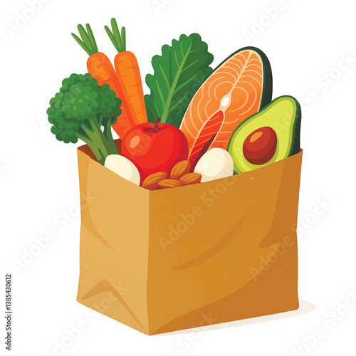 Modern vector illustration of a brown paper grocery bag filled with colorful, nutritious foods, salmon, avocado, carrots, kale, apple, eggs, and almonds. Isolated design on white background.