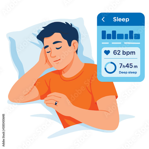 Minimal modern vector illustration showing a young man sleeping on his side, wearing a smart ring. Above him, a floating digital interface displays sleep stages, heart rate, and recovery data.