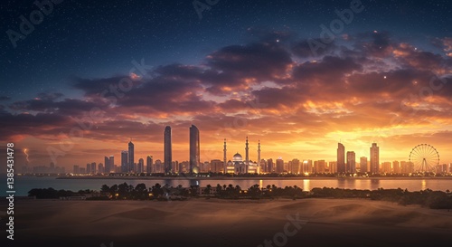 Abu Dhabi skyline at sunset with dramatic clouds and starry sky view