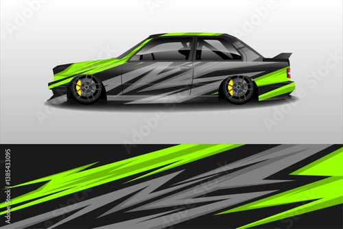 Stylishly designed sports car with vibrant green and gray graphics, showcasing sleek lines and modern aesthetics