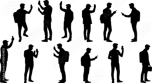 set collection of silhouettes of men taking selfies