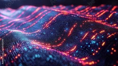 Abstract Waves of blue and red dots, forming an undulating, bright pattern