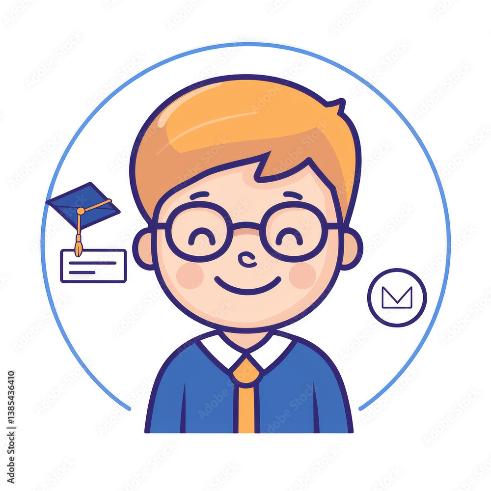 A cheerful young boy with glasses wearing a blue shirt and tie. He is smiling, surrounded by educational icons representing learning and achievement on a white isolated background. A cheerful young boy with glasses wearing a blue shirt and tie. He is smiling, surrounded by educational icons representing learning and achievement on a white isolated background.