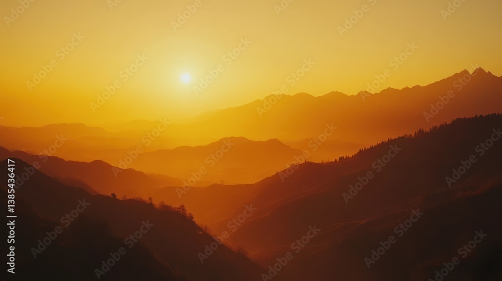 Fototapeta premium Sunrise over misty mountain range, tranquil view