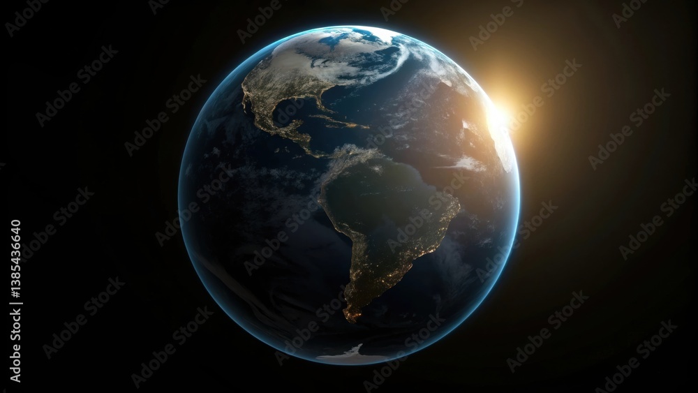 A stunning view of Earth illuminated by the sun, showcasing continents and vibrant colors against the darkness of space. A stunning view of Earth illuminated by the sun, showcasing continents and vibrant colors against the darkness of space.
