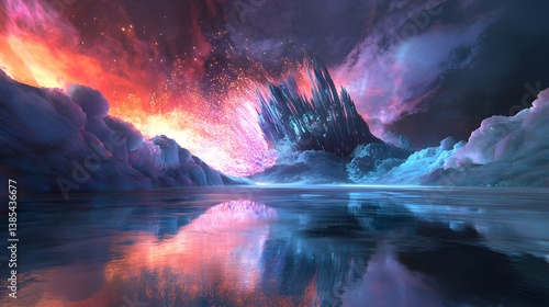 A spectacular fireworks display with reflections on the smooth ice of a frozen lake