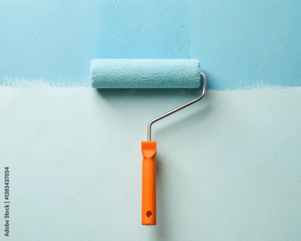Obraz premium A paint roller rests against a freshly painted wall in two shades of blue.