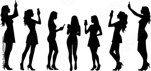 set collection of silhouettes of women taking selfies