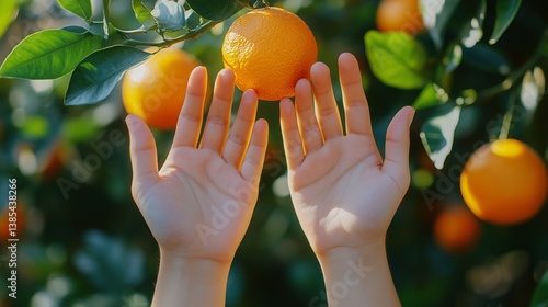 Child's hands reaching for oranges on a sunlit tree branch in a vibrant orchard