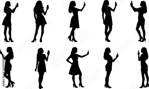 set collection of silhouettes of women taking selfies