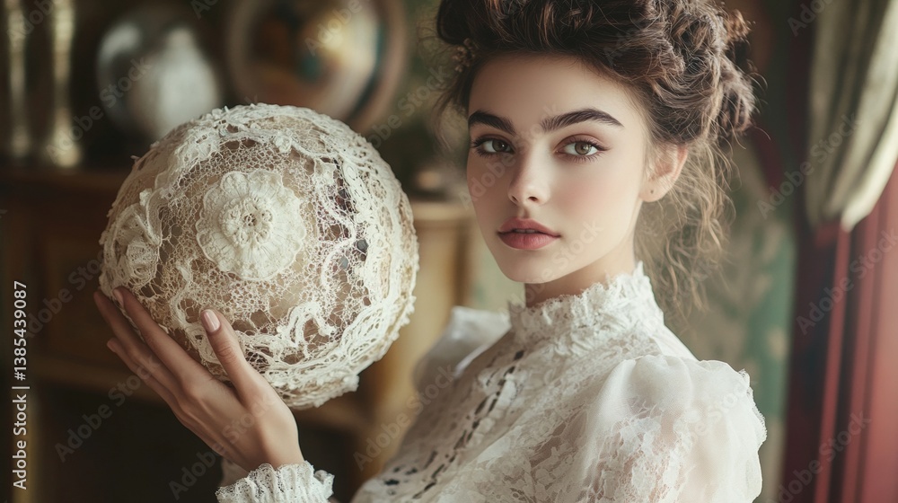 Naklejka premium Young caucasian female with vintage style holding lace globe ornament