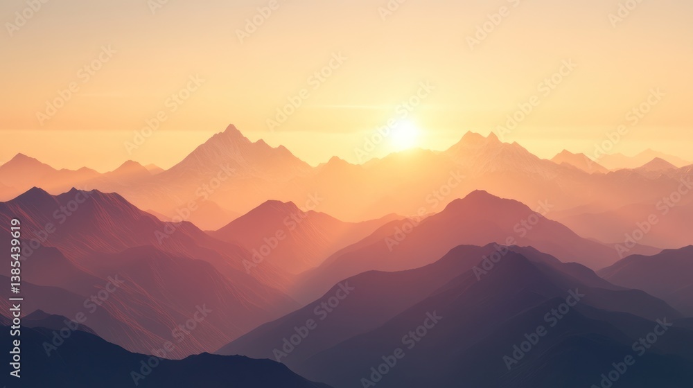 Obraz premium Mountain Sunrise Panorama, Golden Hour, Majestic View, Nature Background, Landscape, Peaceful Scene, Perfect for Calm, Motivational, or Inspirational Usage