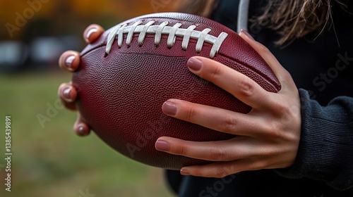 Female hands holding american football outdoors on grass