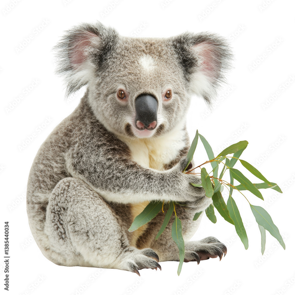 Naklejka premium A cute koala holding a eucalyptus branch, posing gracefully. Its fluffy ears and gentle expression highlight its charm. Ideal for nature lovers and wildlife enthusiasts.