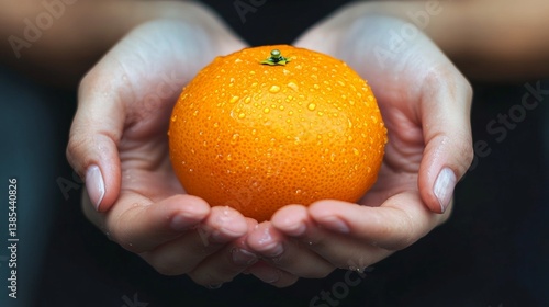 Fresh orange in caucasian female hands with water droplets against dark background