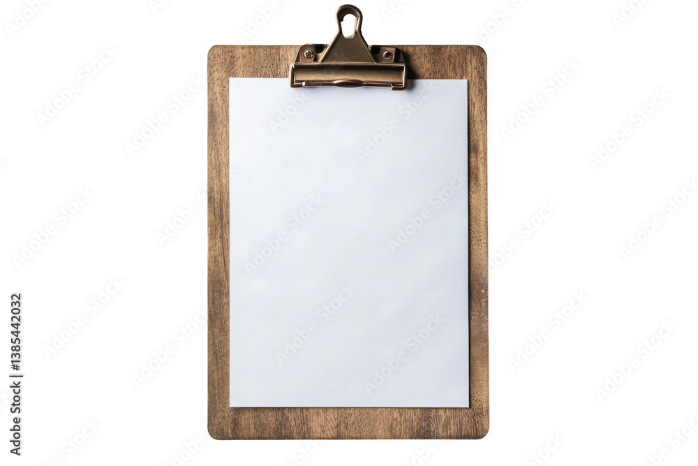 A rustic wooden clipboard with a smooth finish, holding a sheet of blank white paper, placed on a soft light grey background. A rustic wooden clipboard with a smooth finish, holding a sheet of blank white paper, placed on a soft light grey background.