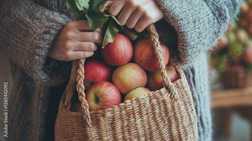 Female hands holding basket of fresh apples in cozy knit sweater