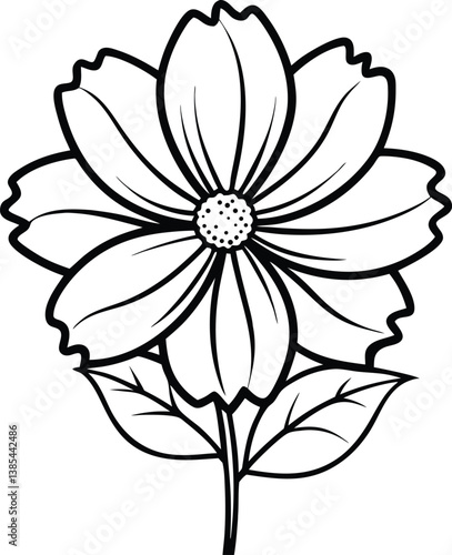 Cosmos flower outline icon, open petal structure, thin black lines, white background