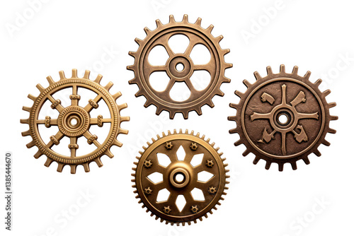Vintage brass cogwheel gear with intricate engravings Isolated on white background