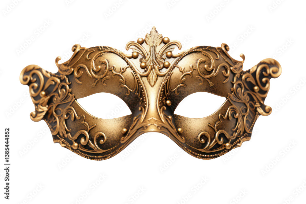 antique-style carnival mask with a distressed gold finish, embossed baroque patterns, Isolated on white background antique-style carnival mask with a distressed gold finish, embossed baroque patterns, Isolated on white background