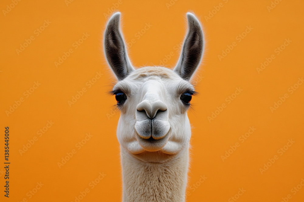 Fototapeta premium Studio photo of a white llama standing out against a bright orange backdrop. The contrast creates a bold and modern visual perfect for fun commercial use. 