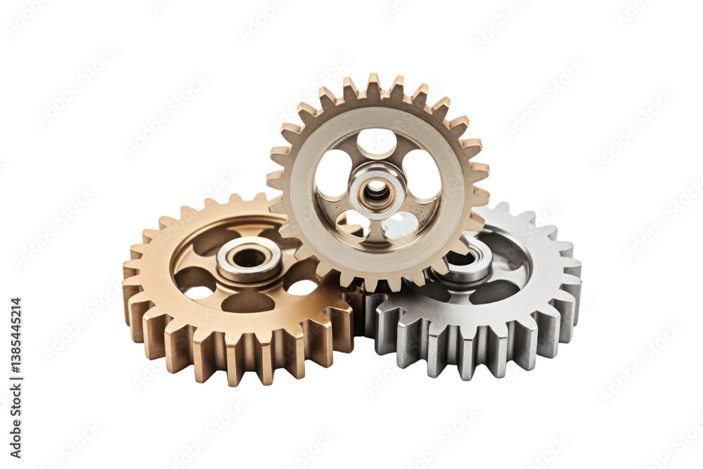 different-sized cogwheel gears arranged in a balanced composition representing teamwork Isolated on white background