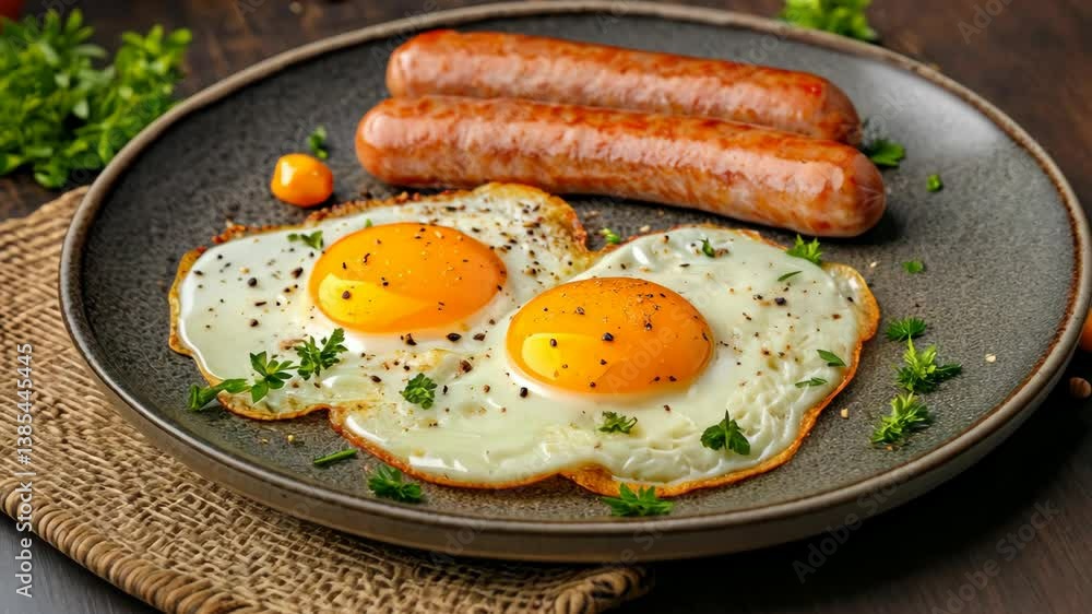 Classic Breakfast Delight: Sunny-Side Up Eggs & Sausages on Rustic Plate, Garnished with Fresh Herbs Classic Breakfast Delight: Sunny-Side Up Eggs & Sausages on Rustic Plate, Garnished with Fresh Herbs