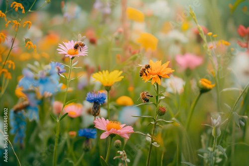 AI-generated photo with Bees Collecting Nectar in a Vibrant Wildflower Field
