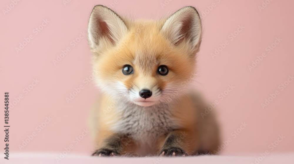 Obraz premium Lindo retrato de cuerpo entero de un bebé zorro del desierto sobre un fondo rosa claro para la educación sobre la vida silvestre y la protección de los animales.