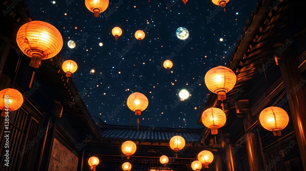 Fototapeta premium Chinese lanterns swaying in the wind in a historic courtyard under a starry night sky with a shining moon