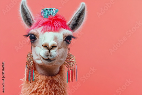 A quirky and flamboyant llama styled with a bright red wig, crown, and glamorous lashes, exuding playful fashion energy and surreal charm.
