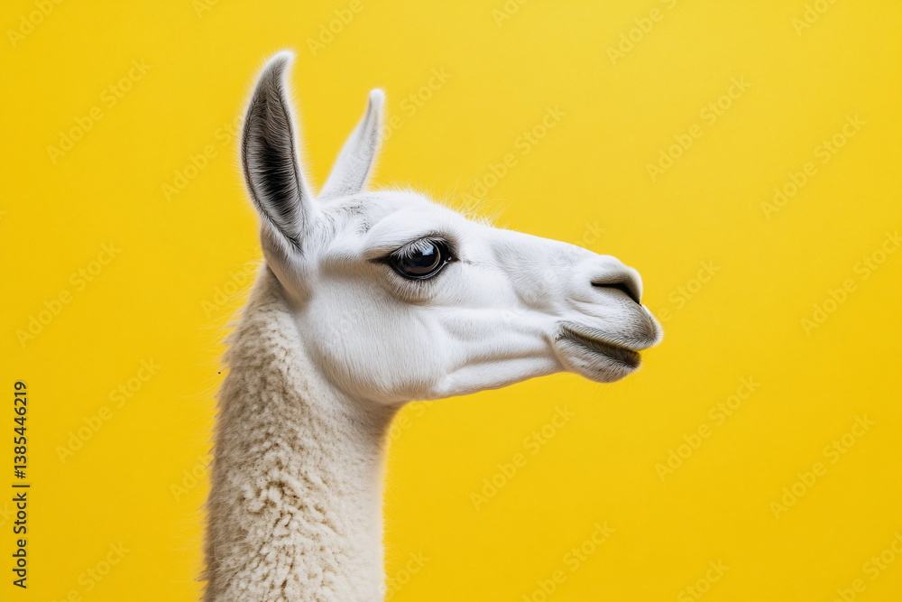 Obraz premium A sharp profile of a llama stands out against a bright yellow backdrop, combining elegance with a pop-art feel and bold visual contrast. 