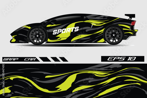 Sleek sports car with vibrant wrap design showcasing dynamic patterns and colors