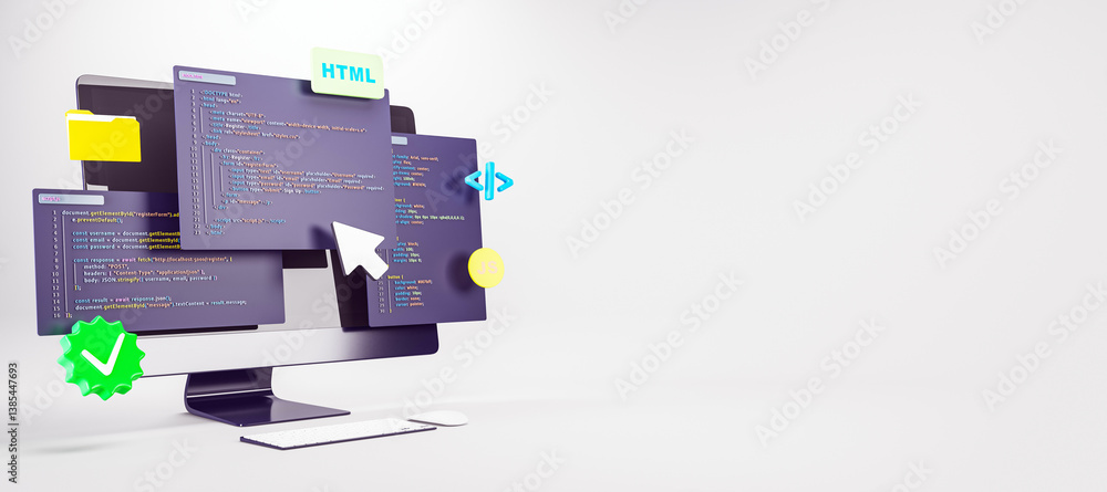 3D rendering of computer monitor with floating HTML, JavaScript, and programming interface elements on light background representing web development concept. 3D Rendering