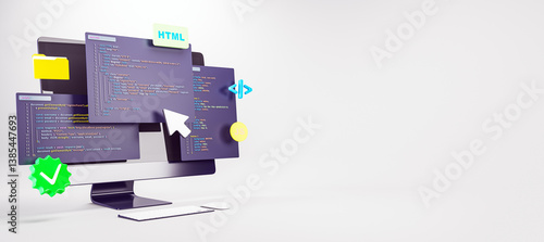 Obraz na płótnie 3D rendering of computer monitor with floating HTML, JavaScript, and programming interface elements on light background representing web development concept. 3D Rendering w salonie