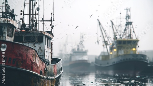 Misty Harbor: Rusty Fishing Boats and a Flock of Seabirds