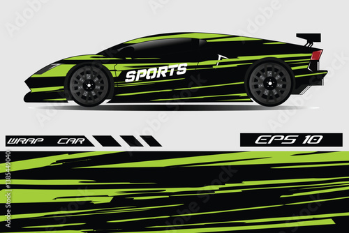 Sleek green sports car with dynamic wrap design, showcased in a minimalist studio setting
