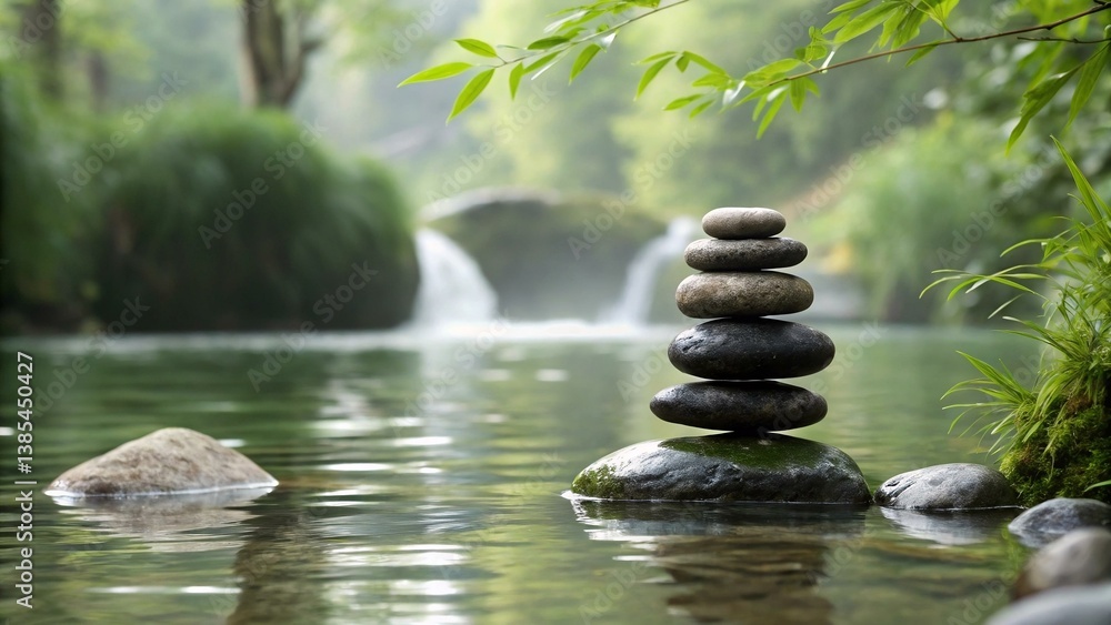 Obraz premium Zen stones stacked in front of flowing water (wellness theme)