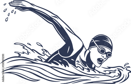 Vector Art of Triathlete Swimming with Goggles in Open Water