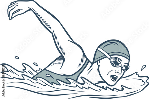 Vector Art of Triathlete Swimming with Goggles in Open Water