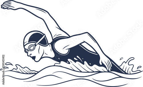 Vector Art of Triathlete Swimming with Goggles in Open Water